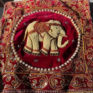 Thai elephant embroidered beaded Red and Gold Elephant Accent Pillow